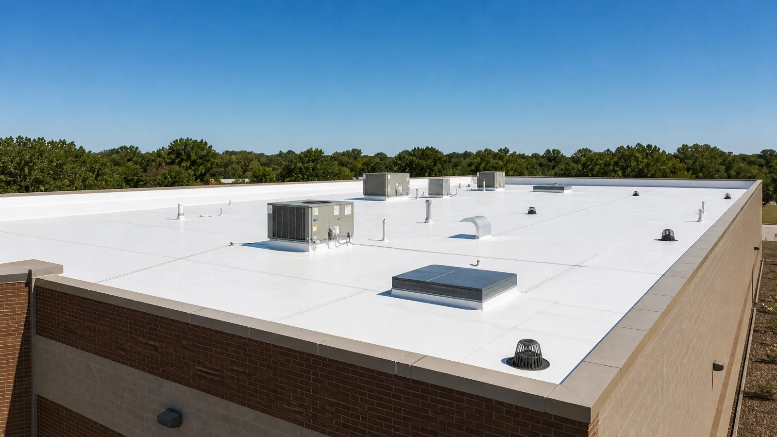White TPO commercial flat roof on an Oklahoma City warehouse with HVAC units, drains, and parapets visible