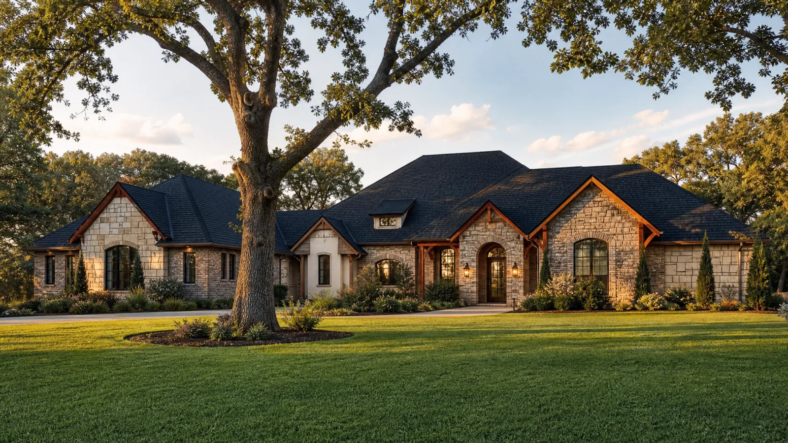 Architectural-shingle roof on a north Edmond, Oklahoma home with mature trees and clear blue sky — typical Edmond residential roofing
