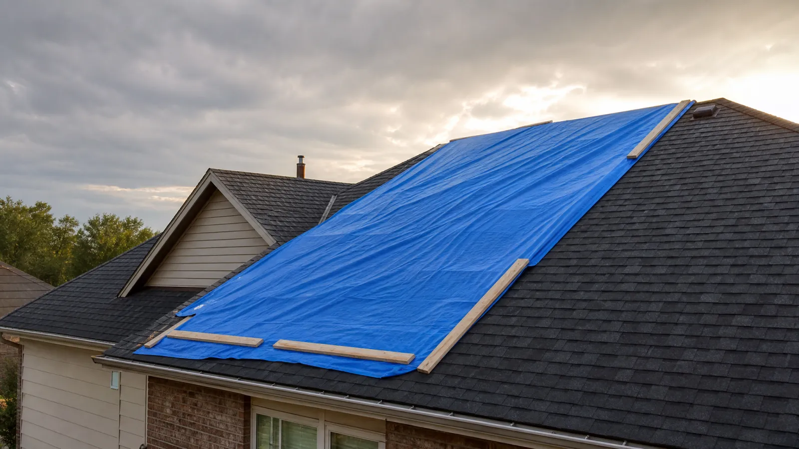 Emergency tarp on a wind- and hail-damaged Oklahoma roof immediately after a storm
