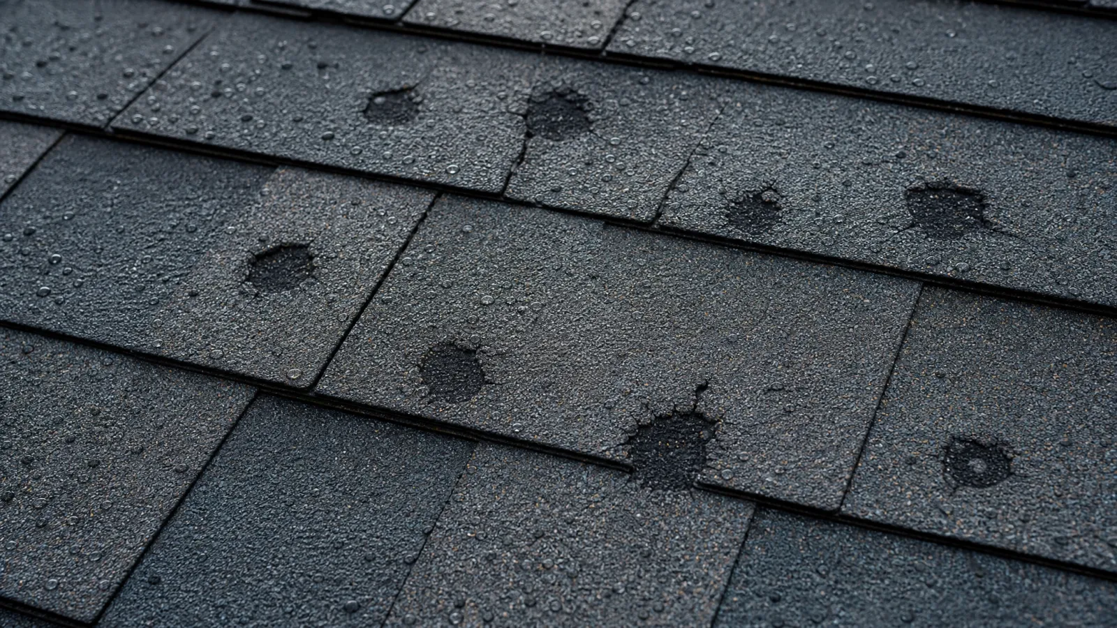 Hail-damaged asphalt-shingle roof in Oklahoma showing characteristic circular impact bruises and granular loss