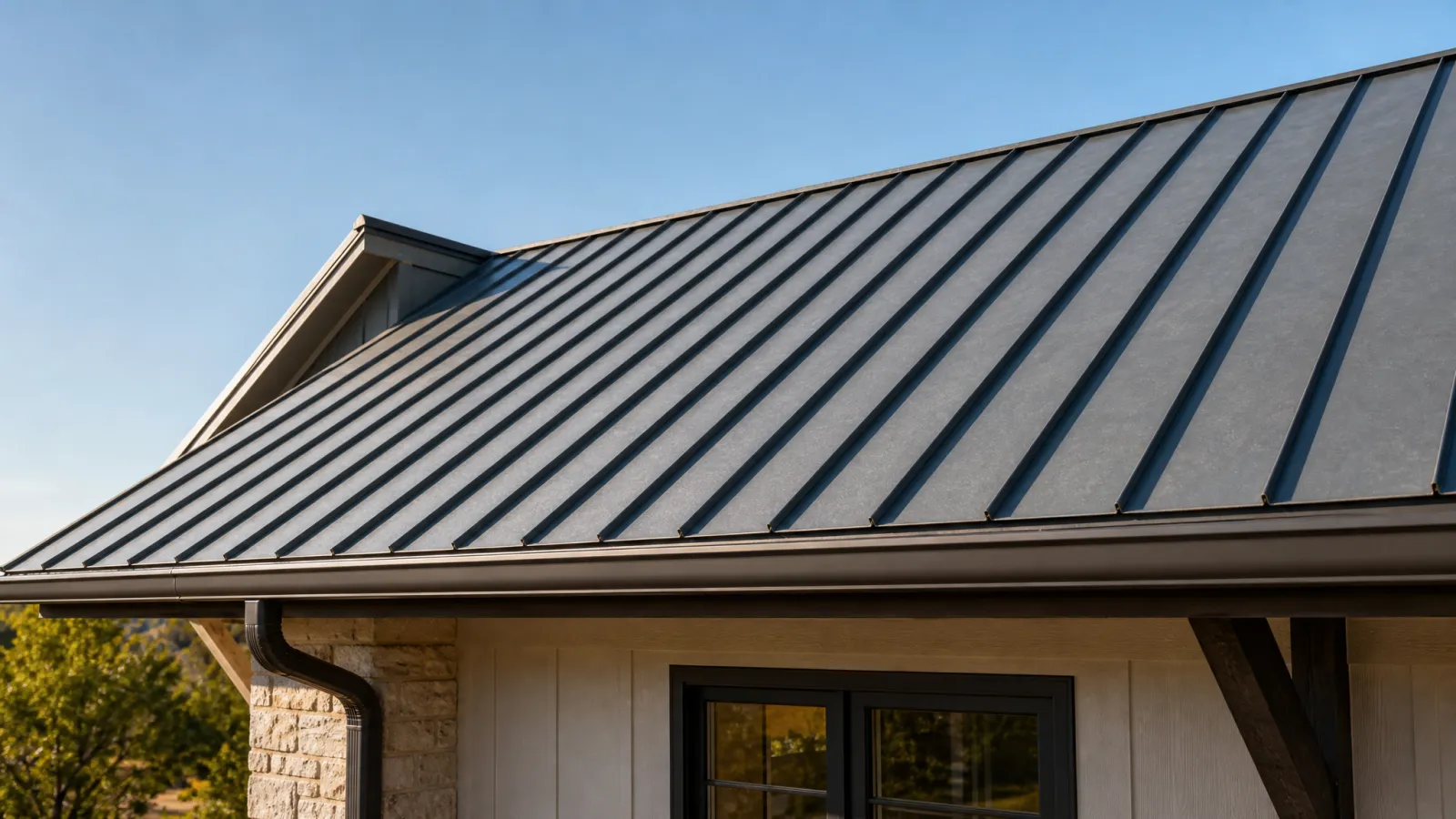 Standing-seam metal roof on an Oklahoma residential home — clean panel lines, concealed fasteners