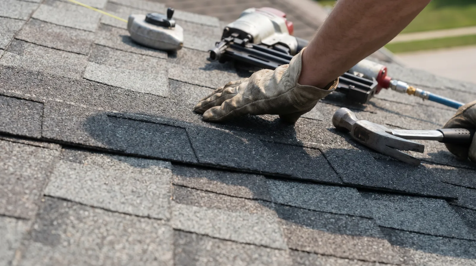 Roof repair underway on an Oklahoma home — replacement of damaged shingles around a vent boot