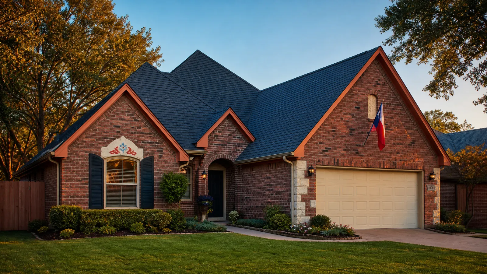 Architectural-shingle roof on a Yukon, Oklahoma home with Garth Brooks Boulevard area architecture and Canadian County skyline