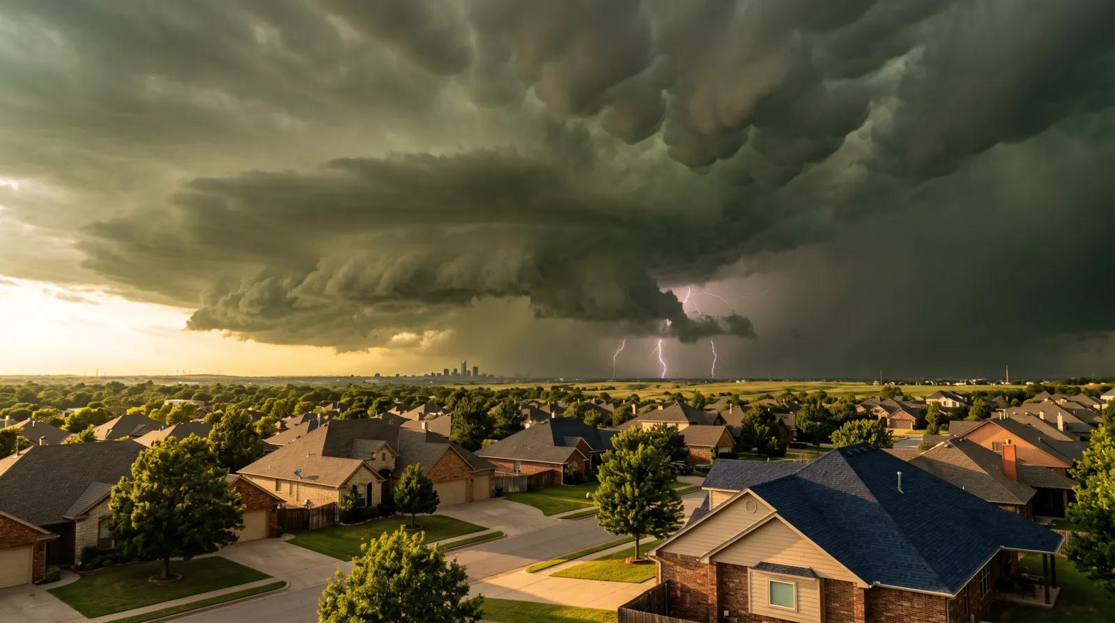 Aerial view of an Oklahoma City neighborhood after a hailstorm with visible roof damage across multiple homes