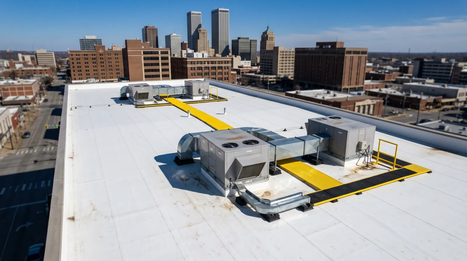 Tulsa Oklahoma commercial flat roof with white TPO membrane and HVAC equipment downtown skyline visible